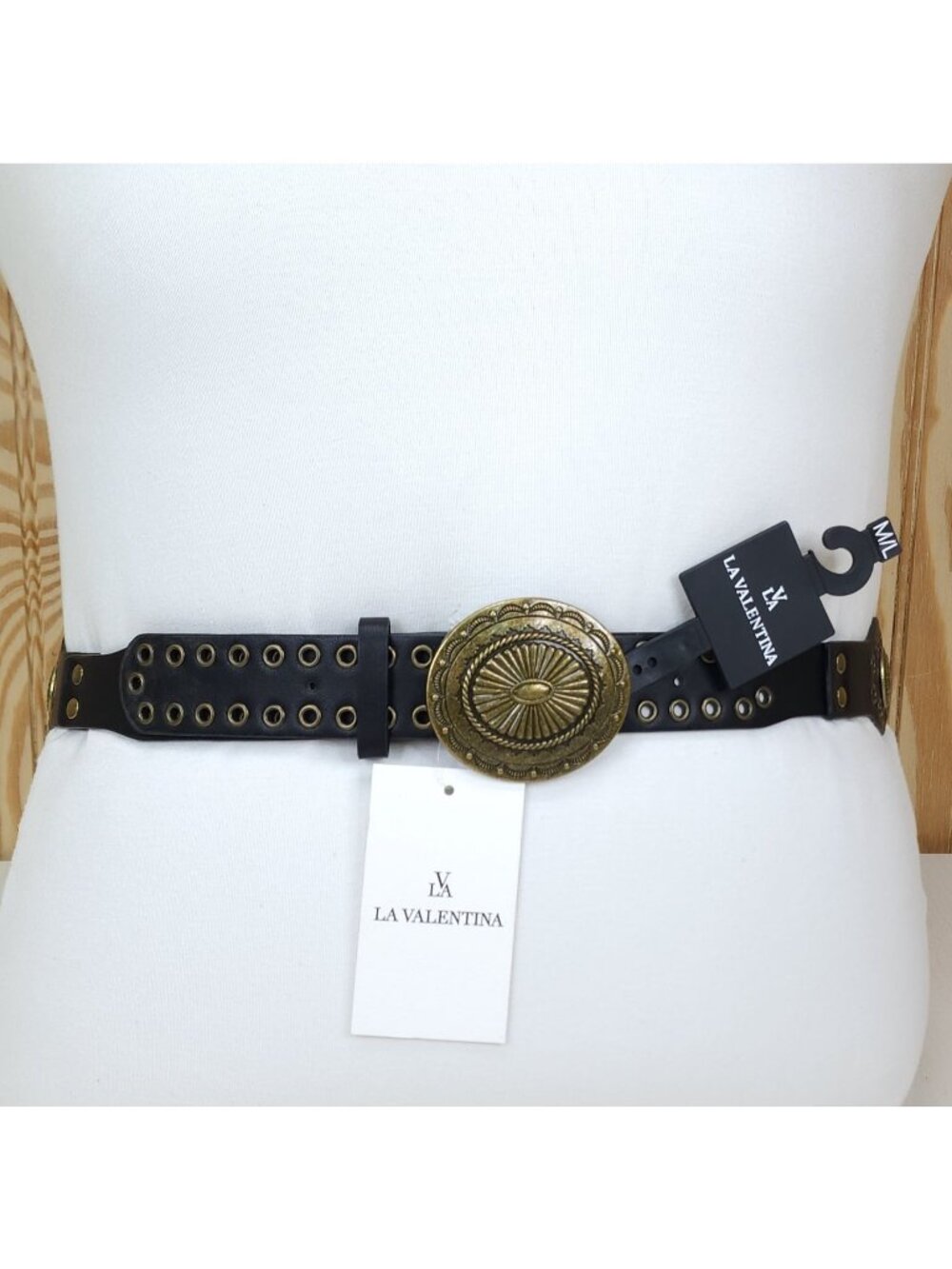 La Valentina Womens Black Belt M/L With Brass Buckle & Eyelets 1 7/8" Wide 43" L